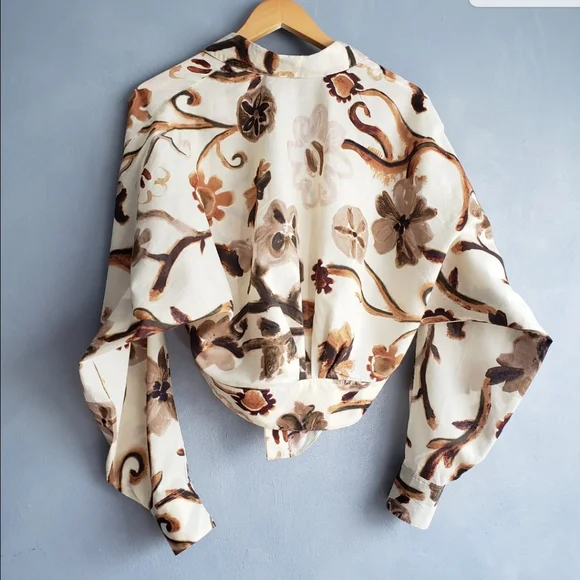 DOROTHEE SCHUMACHER ABSTRACT FLORAL NEUTRAL HIGH, LOW BLOUSE SIZE S/M - Picture 10 of 16